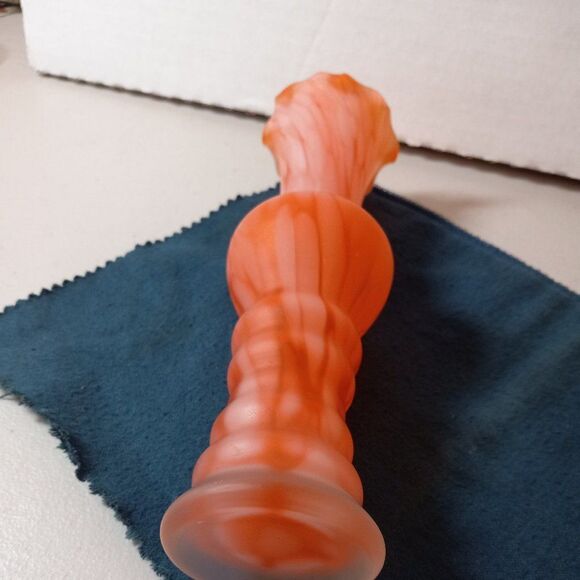 Vintage Orange Splatter Glass Bulbous Center Scalloped Lip Vase Cottagecore - Picture 4 of 6